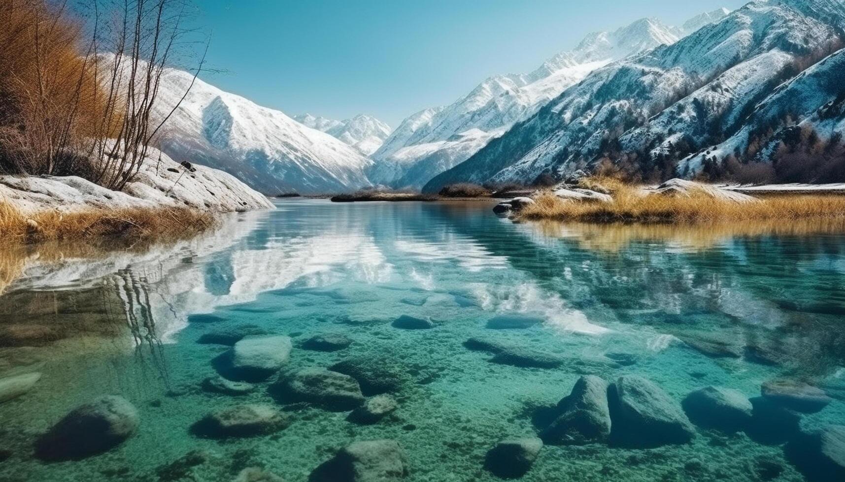 Tranquil scene of frozen mountain peak reflected in icy water generated by AI photo