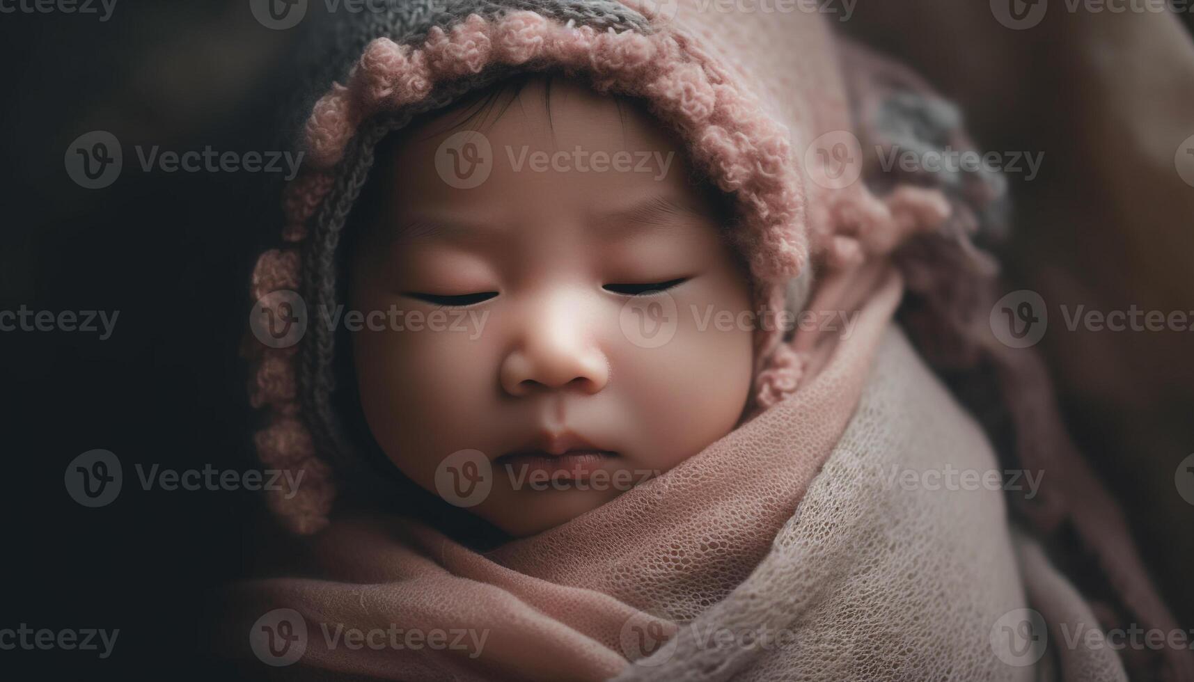 linda recién nacido chico dormido pacíficamente envuelto en suave cobija adentro generado por ai foto