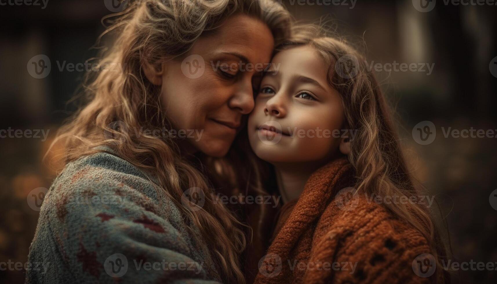A mother and daughter embrace, smiling in the autumn nature generated by AI photo