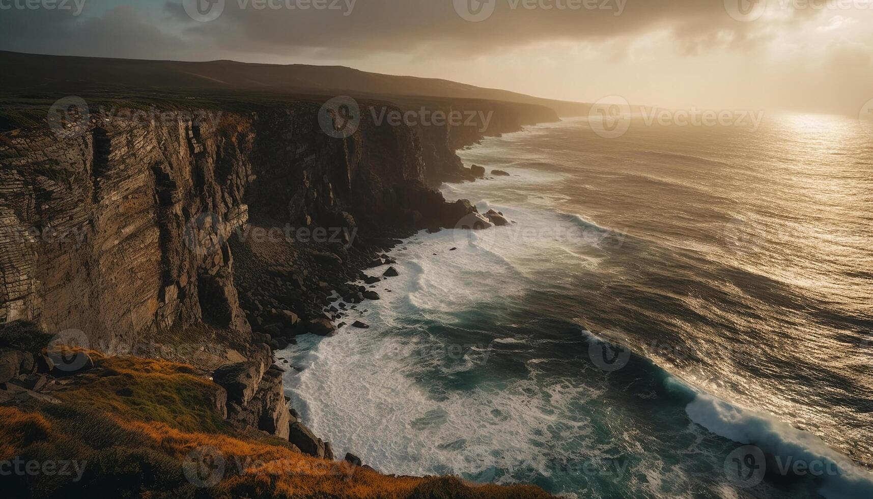 Majestic cliff, eroded by waves, creates awe inspiring seascape beauty generated by AI photo