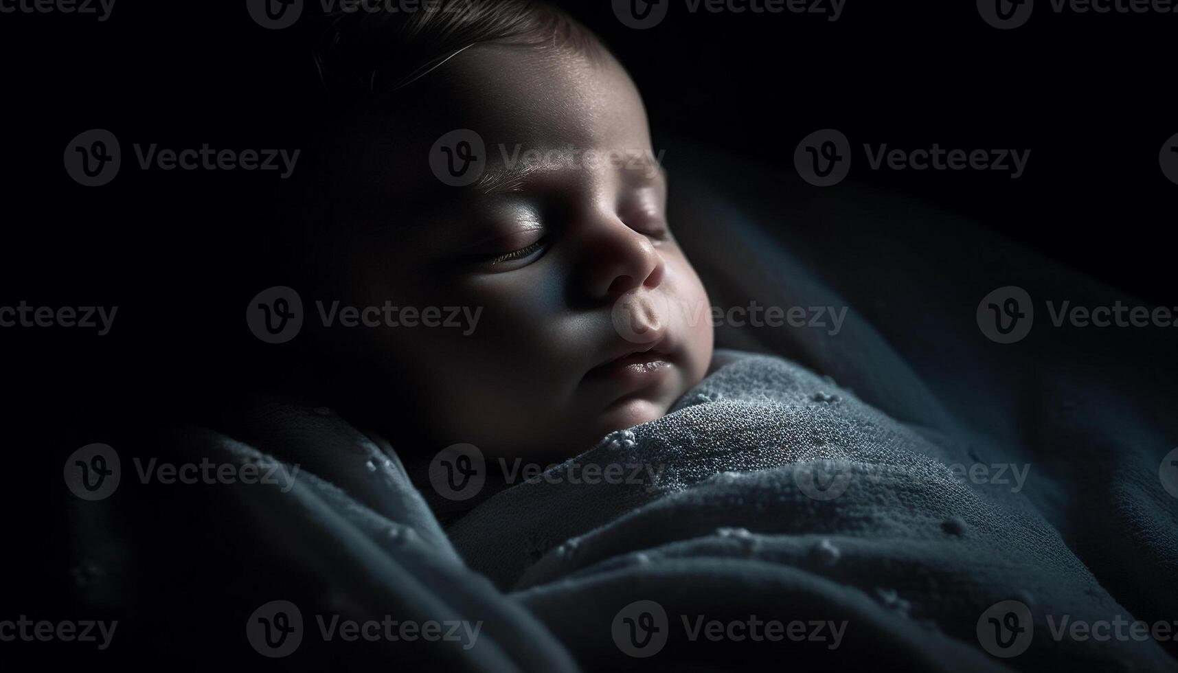 Serene baby boy sleeping peacefully, wrapped in softness and love generated by AI photo