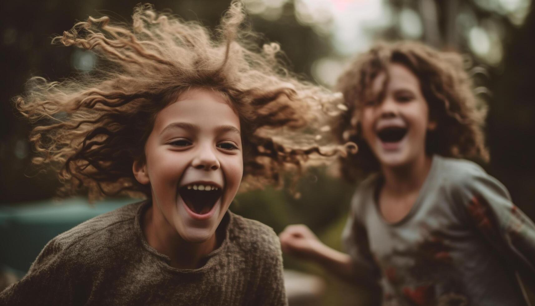 Two playful girls enjoying carefree autumn weekend activities in nature generated by AI photo