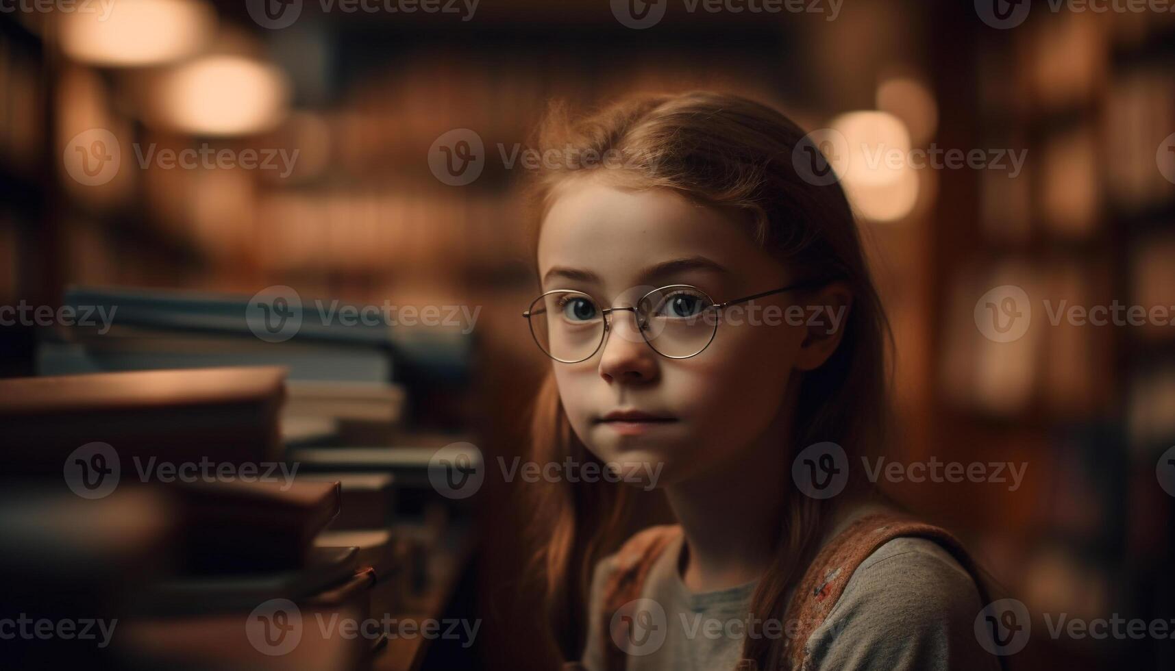 un grave joven mujer estudiando literatura adentro a el biblioteca generado por ai foto