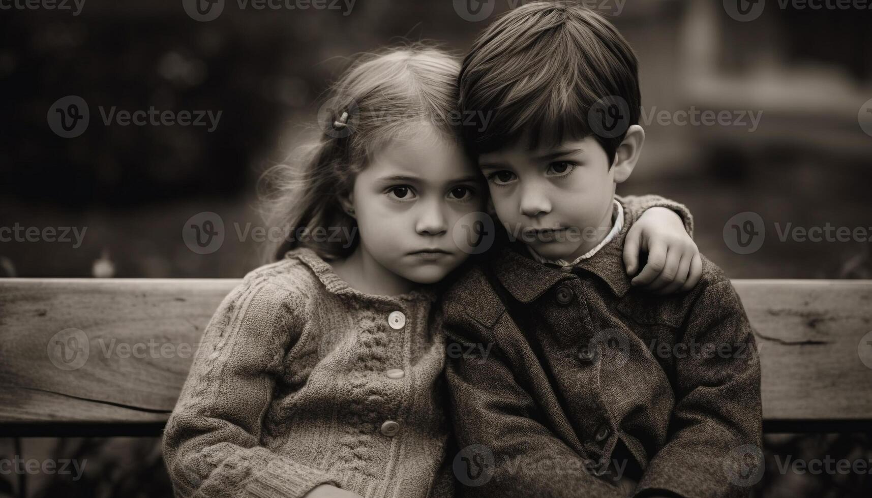 dos linda caucásico Niños sentado en banco en naturaleza al aire libre generado por ai foto