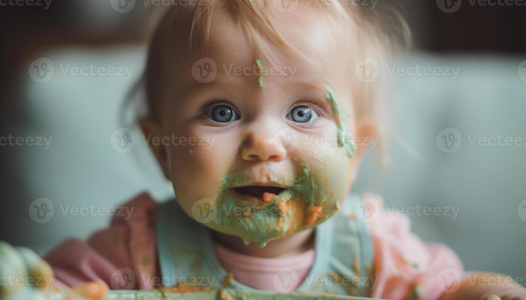 A cheerful toddler enjoying messy meal, smiling with joy generated by AI photo