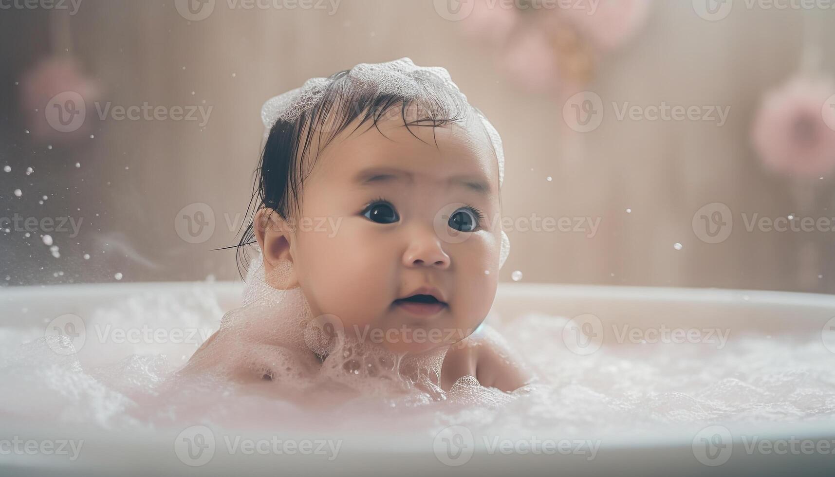 A cute Caucasian baby enjoying a bubble bath with laughter generated by AI photo