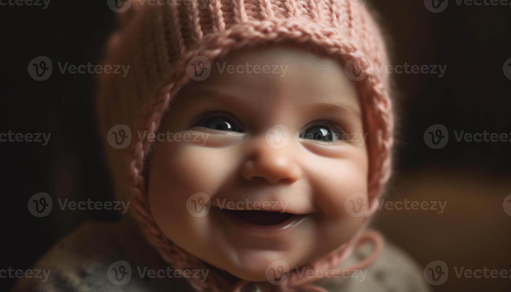 A joyful toddler in a knit hat smiles toothily outdoors generated by AI photo