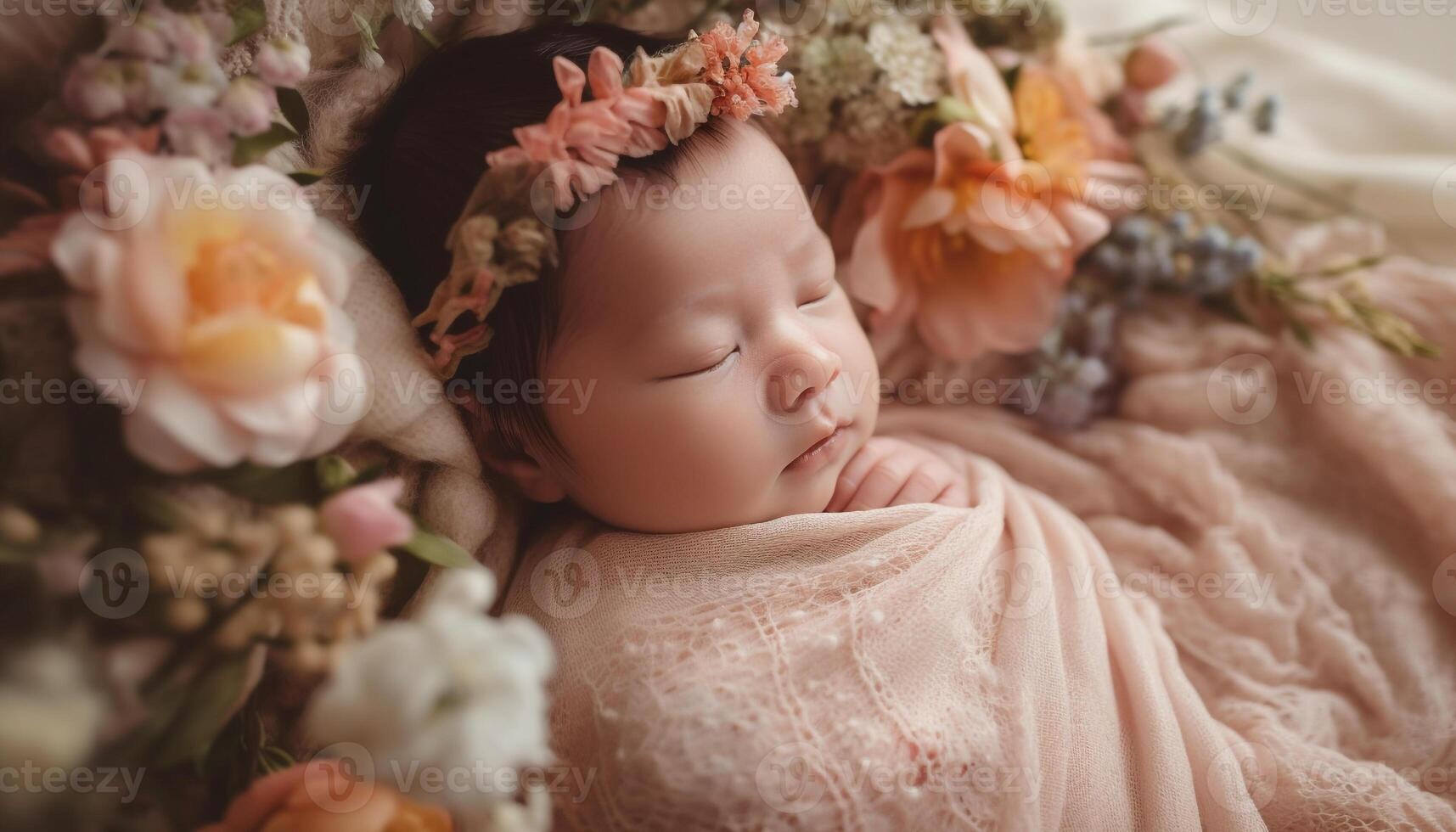 Newborn baby girl sleeping peacefully surrounded by beautiful nature and family generated by AI photo