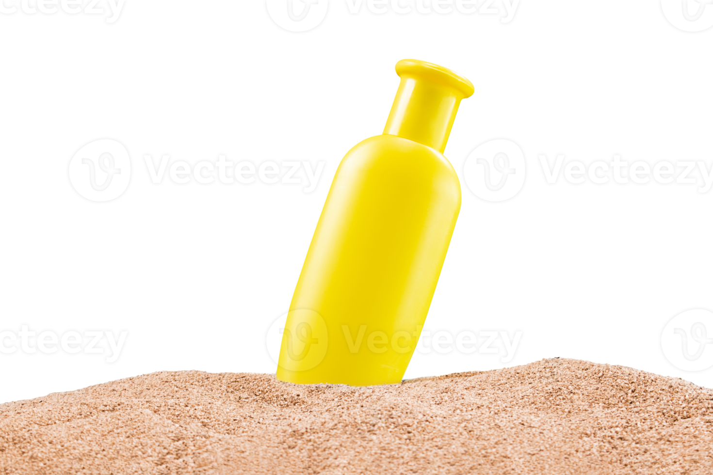 maquette Jaune bouteille pour produits de beauté des produits crème solaire, crème solaire, shampooing sur le sable plage isolé Contexte. soin de la peau Créatif concept png