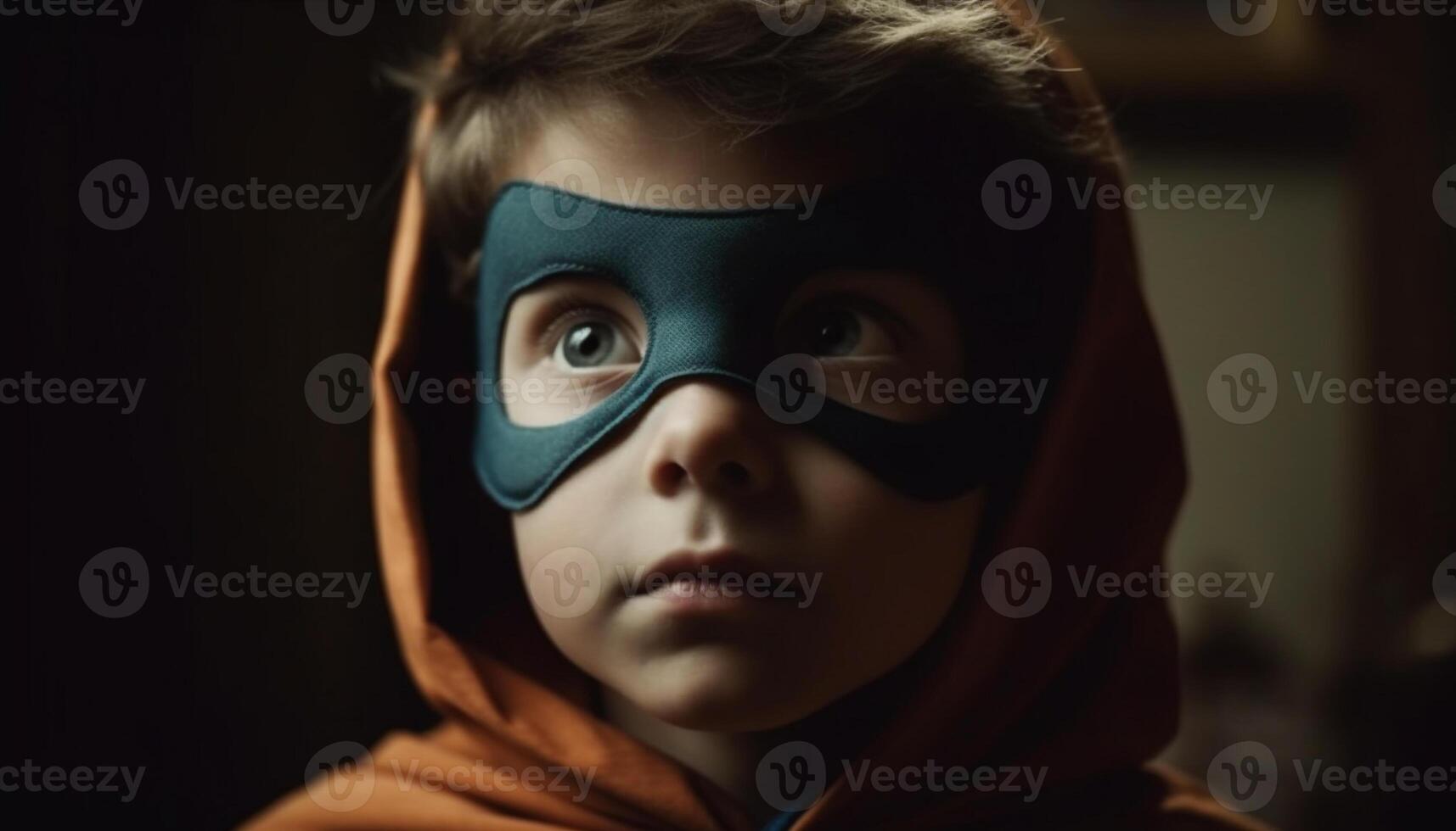 One boy, smiling hero, serious focus on foreground, confident outdoors generated by AI photo