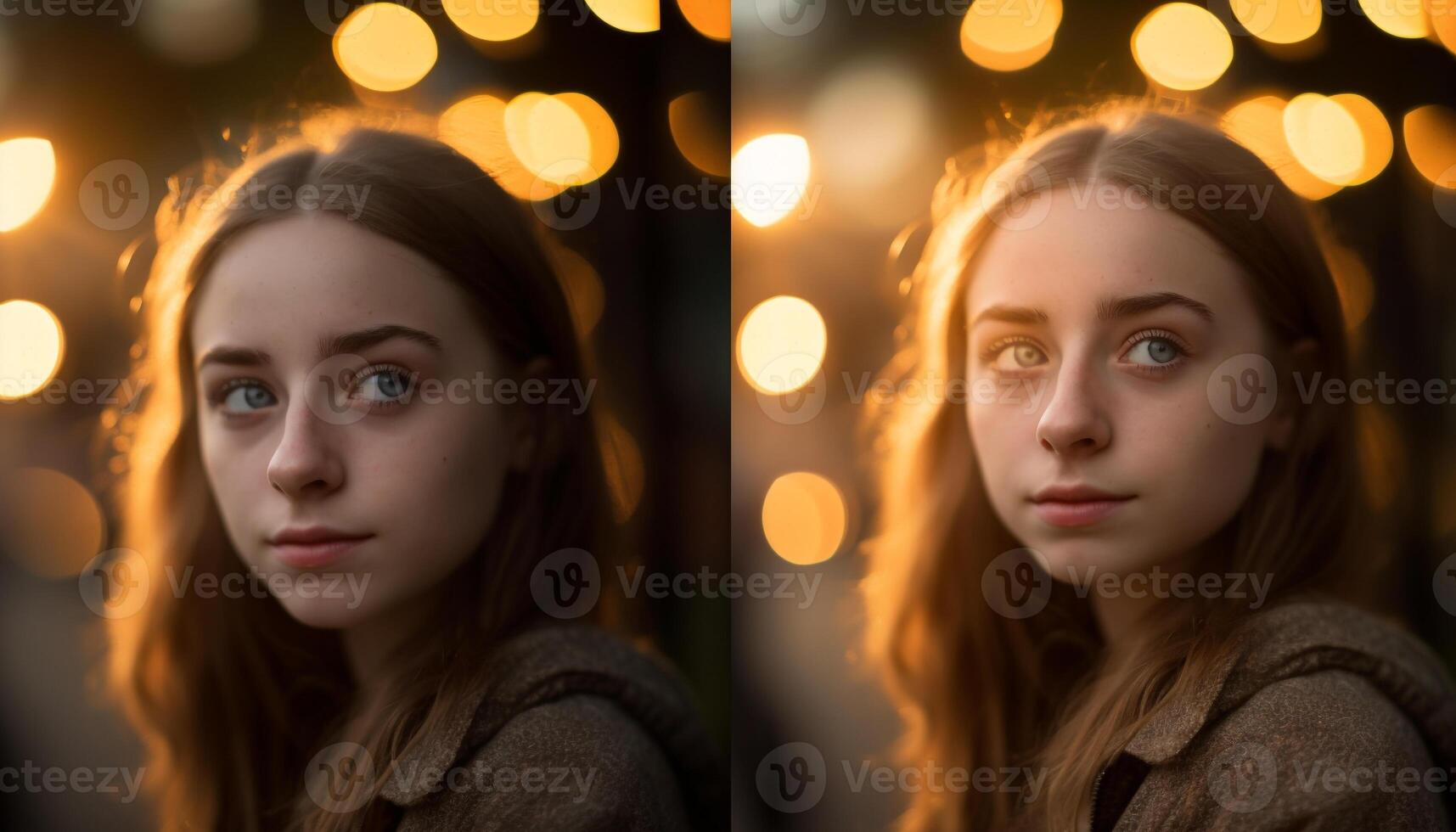 uno hermosa mujer, iluminado por Navidad luces, sonriente a cámara generado por ai foto