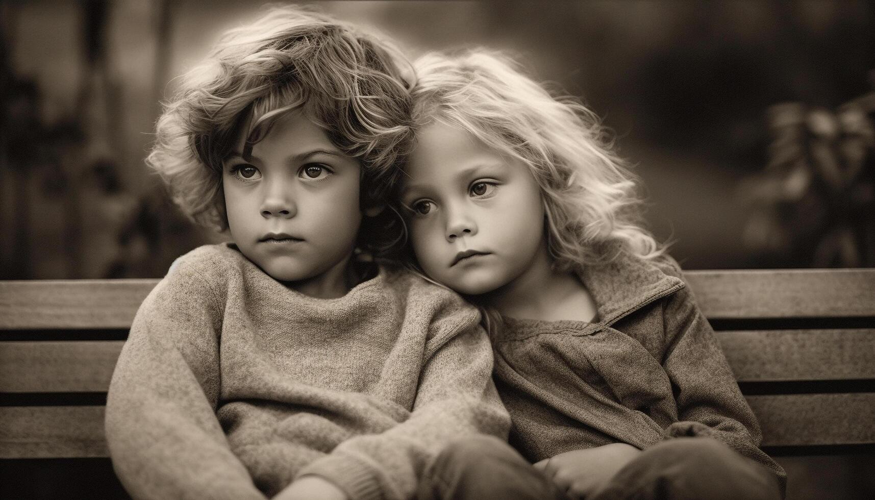 Two cute Caucasian boys sitting outdoors, smiling for a portrait generated by AI photo