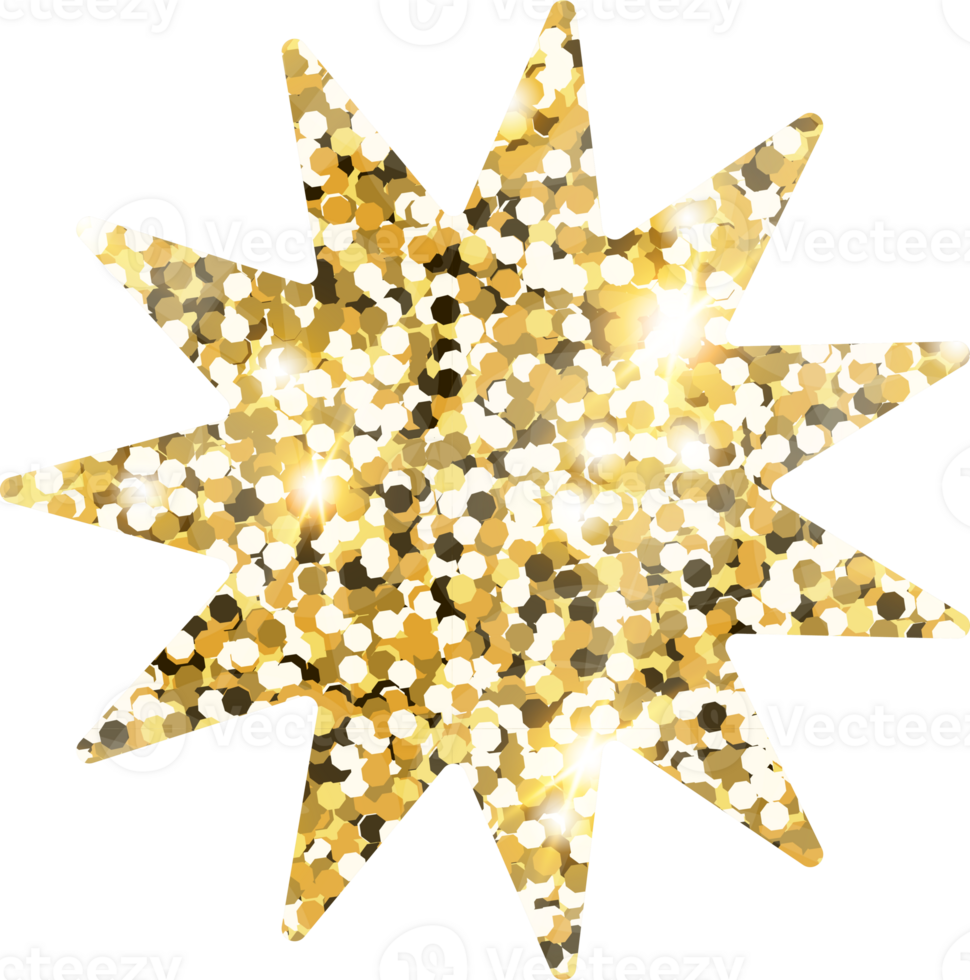 Star sparkle shiny gold glitter shape design element. Golden color dust texture form for holiday decoration, flyer, poster, greeting card, background, wallpaper. Shiny paint Birthday illustration. png