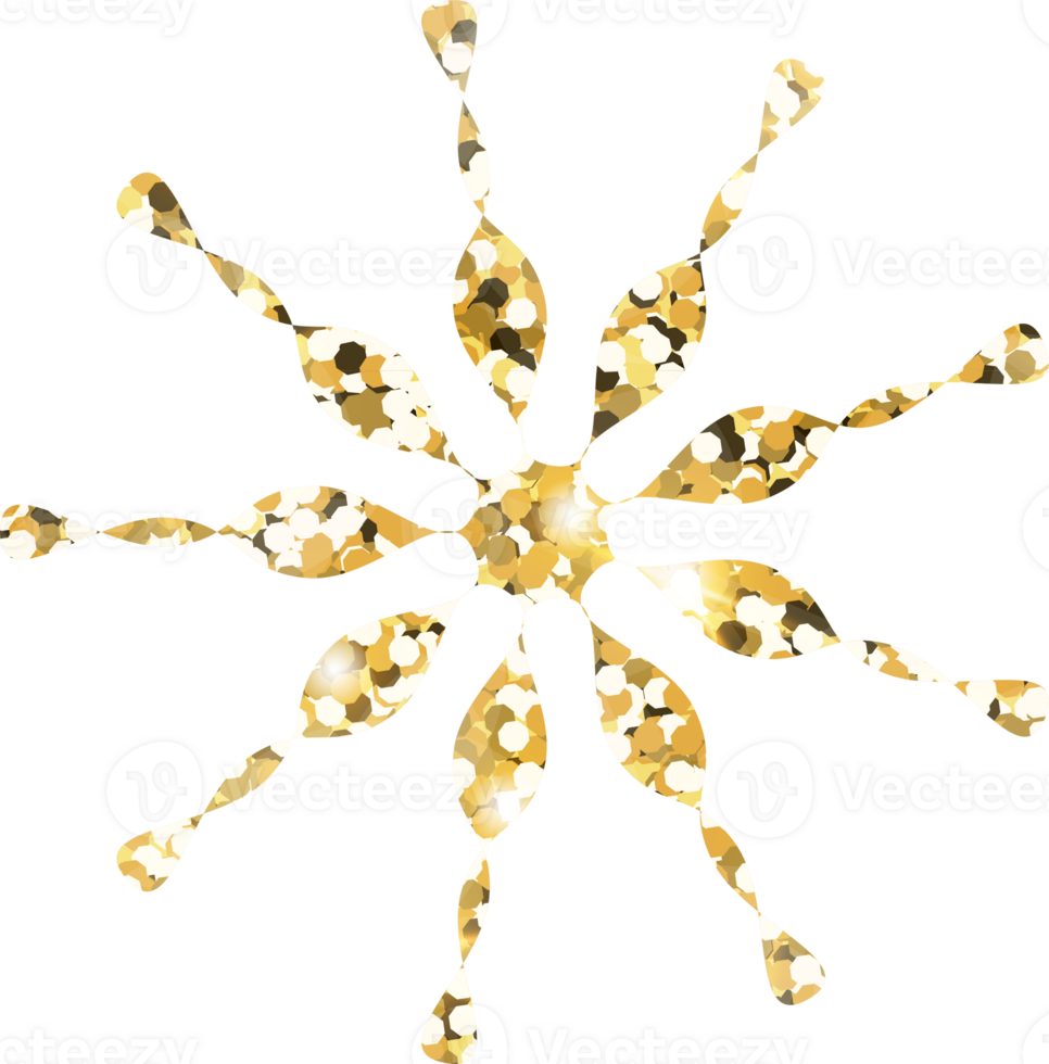 Snowflake shiny gold glitter shape design element. Golden color dust texture form for holiday decoration, flyer, poster, greeting card, background, wallpaper. Shiny paint form Birthday illustration. png