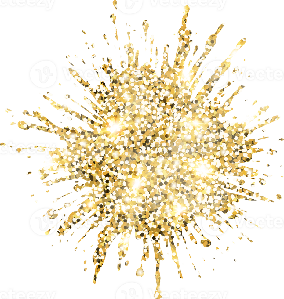Abstract shiny gold glitter splash design element. Golden color dust texture stain for holiday decoration, flyer, poster, greeting card, background, wallpaper. Shiny paint stroke fashion illustration. png