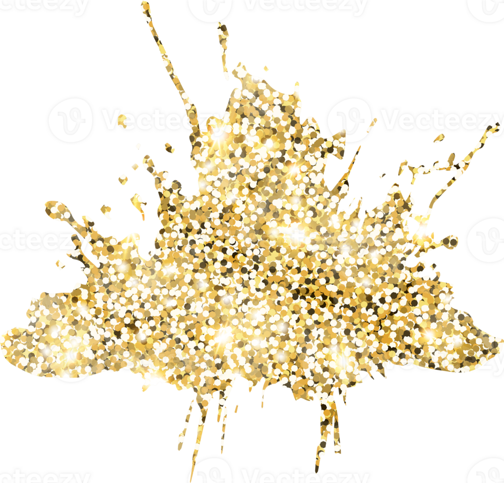 Abstract shiny gold glitter splash design element. Golden color dust texture stain for holiday decoration, flyer, poster, greeting card, background, wallpaper. Shiny paint stroke fashion illustration. png