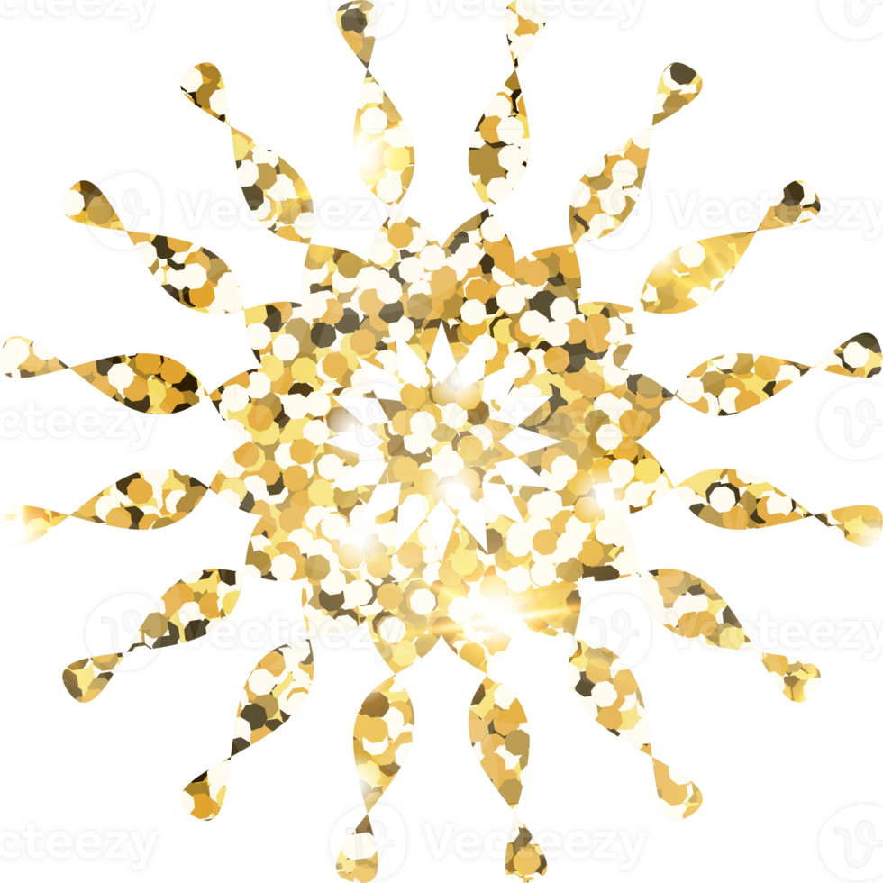 Snowflake shiny gold glitter shape design element. Golden color dust texture form for holiday decoration, flyer, poster, greeting card, background, wallpaper. Shiny paint form Birthday illustration. png