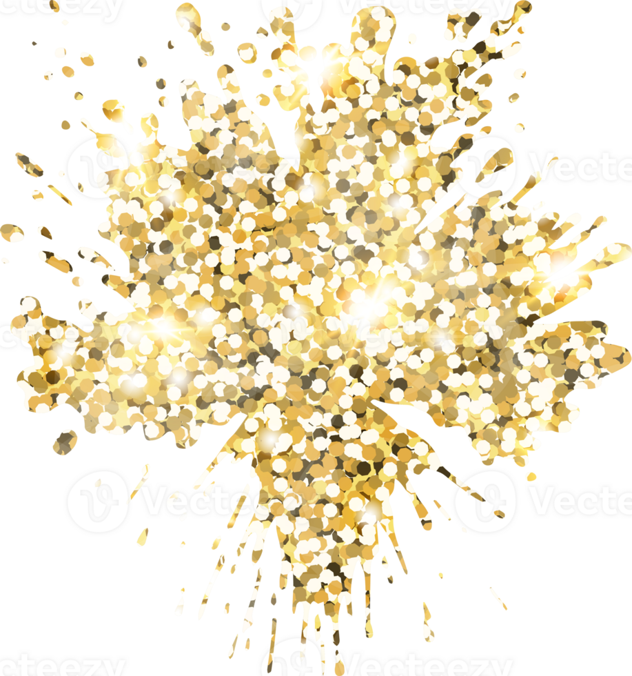 Abstract shiny gold glitter splash design element. Golden color dust texture stain for holiday decoration, flyer, poster, greeting card, background, wallpaper. Shiny paint stroke fashion illustration. png