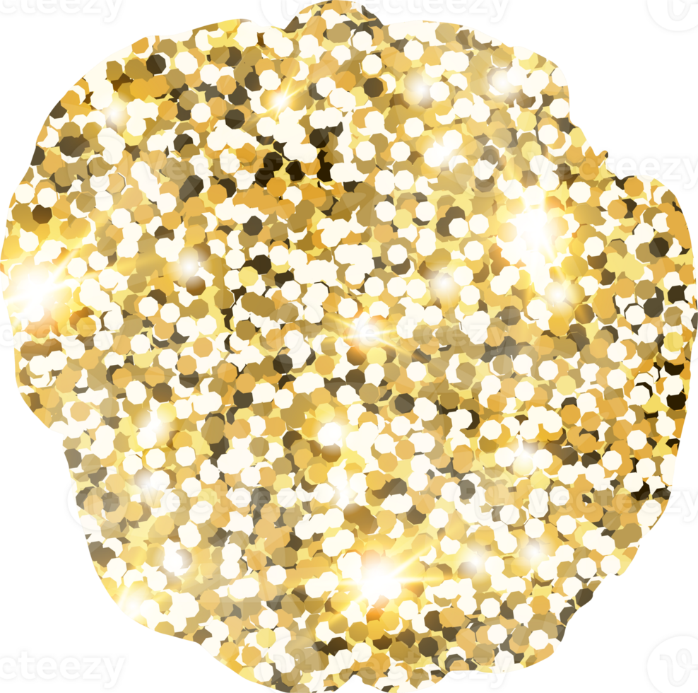 Abstract shiny gold glitter stain design element. Golden color dust texture spot for holiday decoration, flyer, poster, greeting card, background, wallpaper. Shiny paint stroke fashion illustration. png