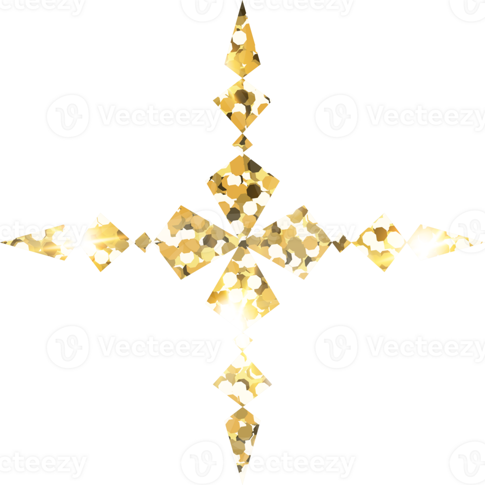 Snowflake shiny gold glitter shape design element. Golden color dust texture form for holiday decoration, flyer, poster, greeting card, background, wallpaper. Shiny paint form Birthday illustration. png