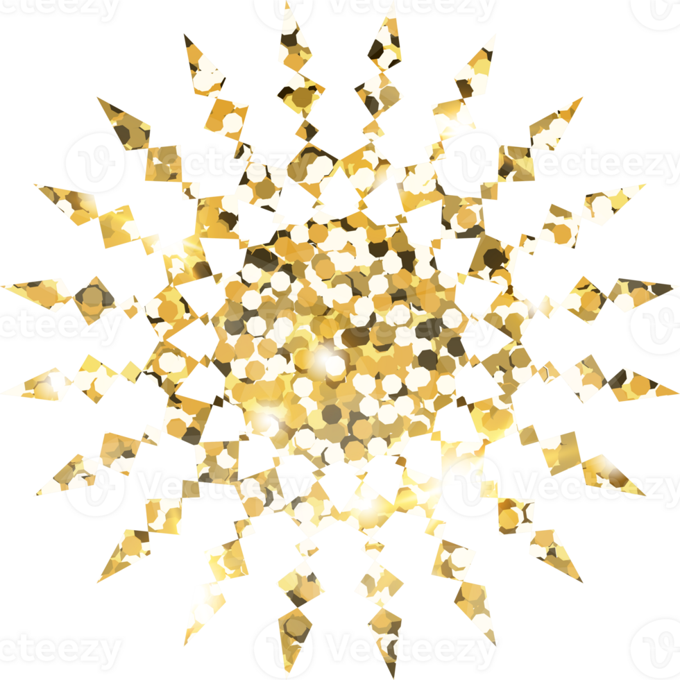 Snowflake shiny gold glitter shape design element. Golden color dust texture form for holiday decoration, flyer, poster, greeting card, background, wallpaper. Shiny paint form Birthday illustration. png