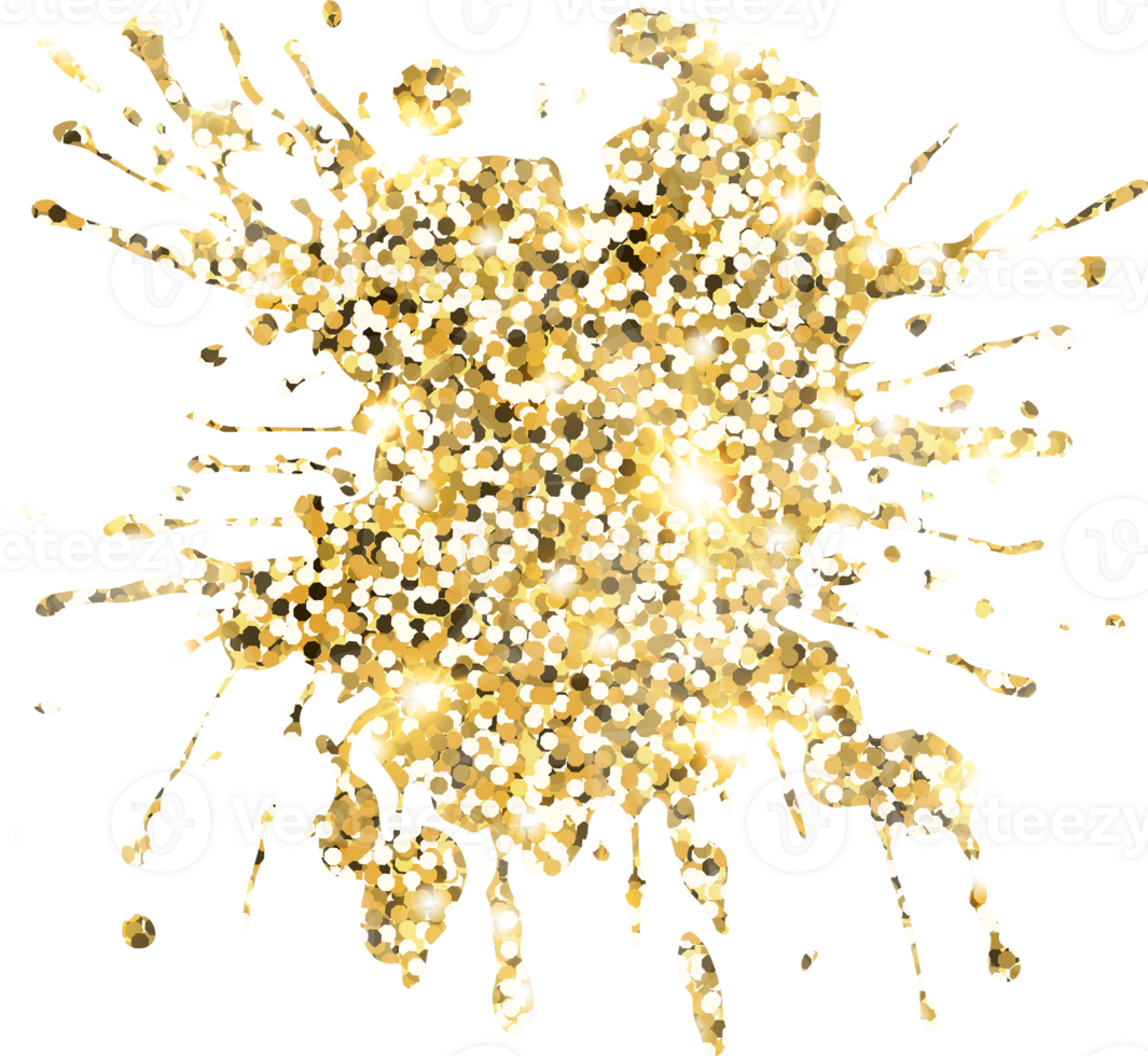 Abstract shiny gold glitter splash design element. Golden color dust texture stain for holiday decoration, flyer, poster, greeting card, background, wallpaper. Shiny paint stroke fashion illustration. png