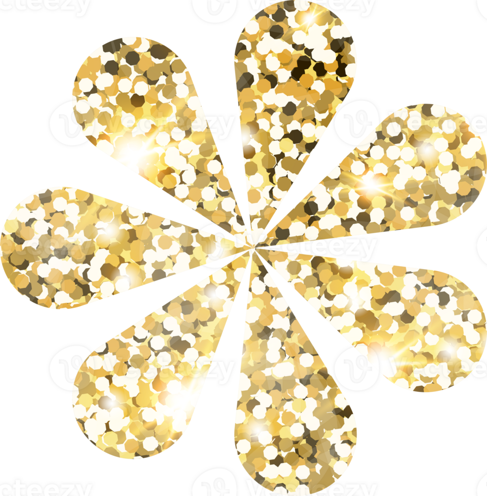 Flower shiny gold glitter shape design element. Golden color dust texture daisy for holiday decoration, flyer, poster, greeting card, background, wallpaper. Shiny paint form Birthday illustration. png