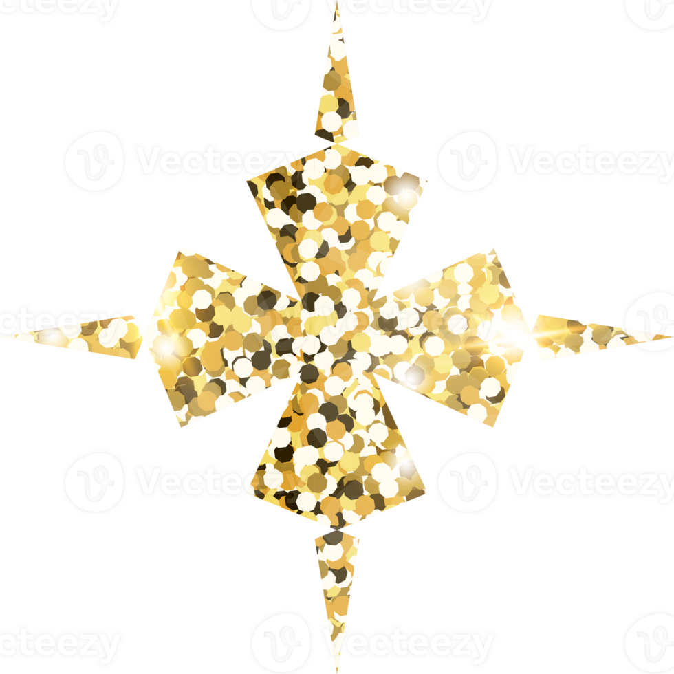 Snowflake shiny gold glitter shape design element. Golden color dust texture form for holiday decoration, flyer, poster, greeting card, background, wallpaper. Shiny paint form Birthday illustration. png