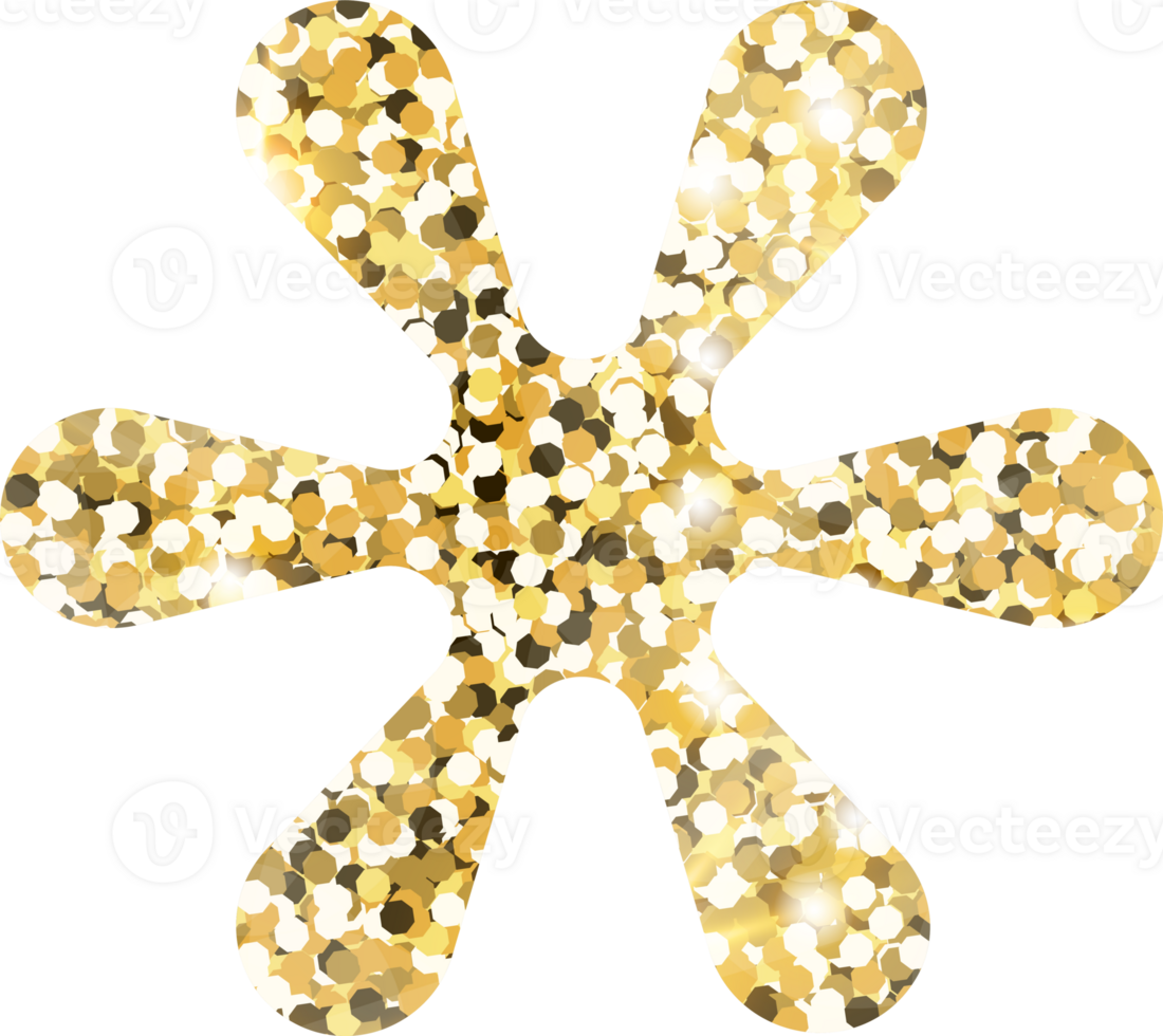 Flower shiny gold glitter shape design element. Golden color dust texture daisy for holiday decoration, flyer, poster, greeting card, background, wallpaper. Shiny paint form Birthday illustration. png