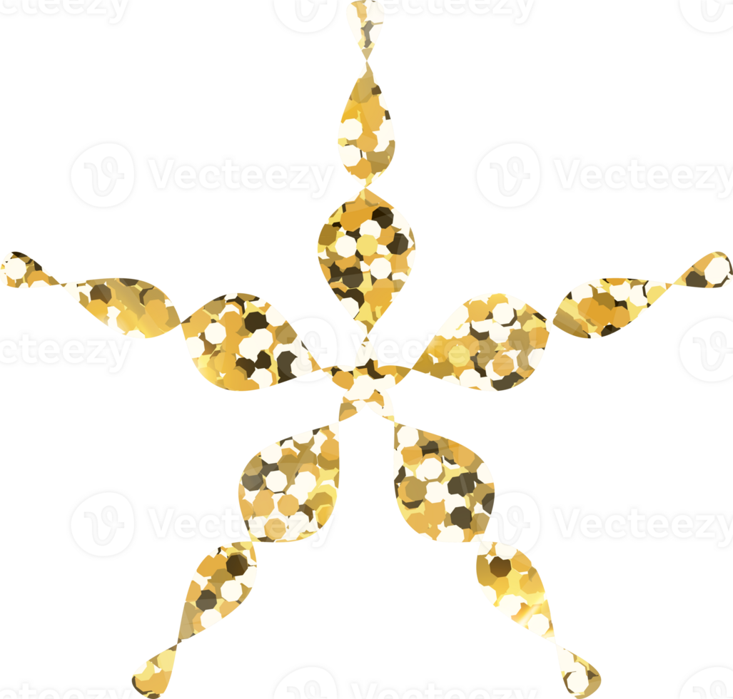 Snowflake shiny gold glitter shape design element. Golden color dust texture form for holiday decoration, flyer, poster, greeting card, background, wallpaper. Shiny paint form Birthday illustration. png