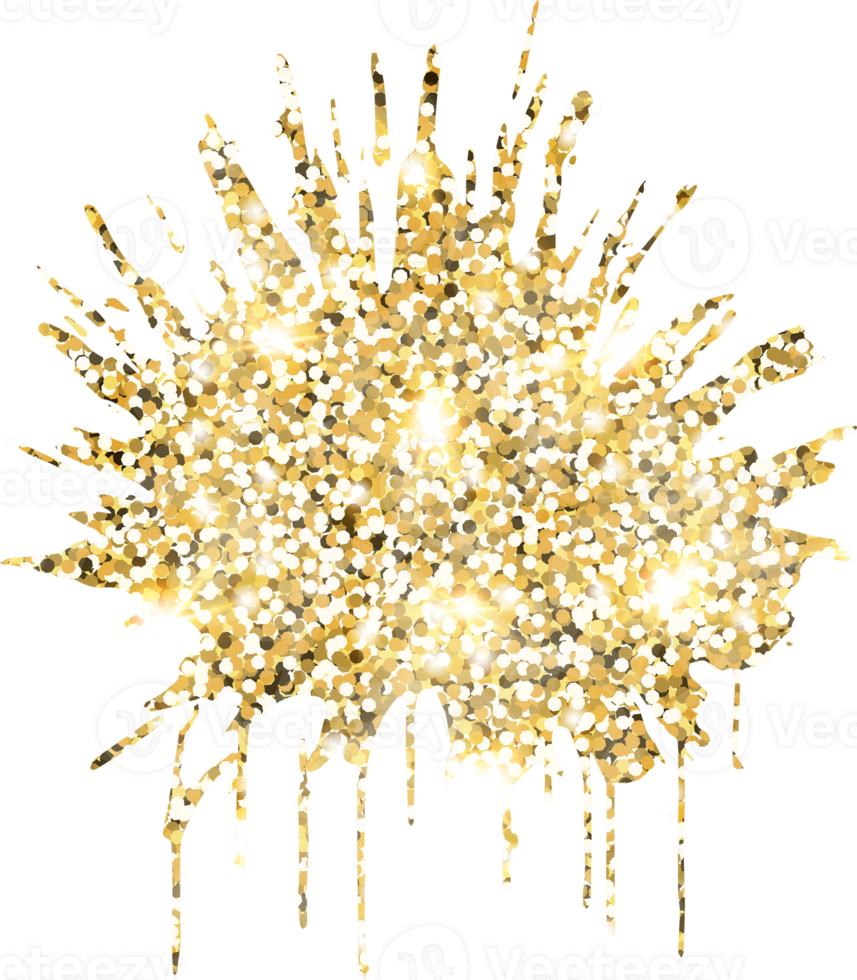 Abstract shiny gold glitter splash design element. Golden color dust texture stain for holiday decoration, flyer, poster, greeting card, background, wallpaper. Shiny paint stroke fashion illustration. png