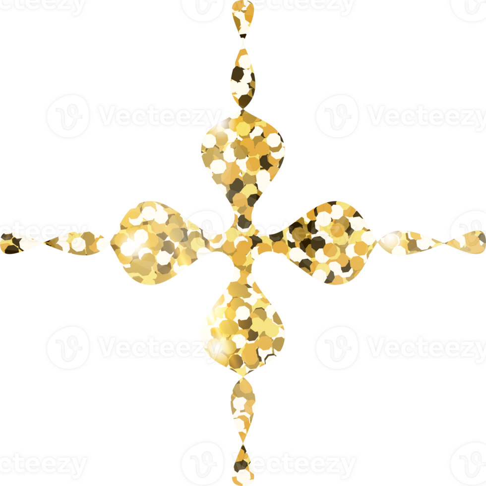 Snowflake shiny gold glitter shape design element. Golden color dust texture form for holiday decoration, flyer, poster, greeting card, background, wallpaper. Shiny paint form Birthday illustration. png