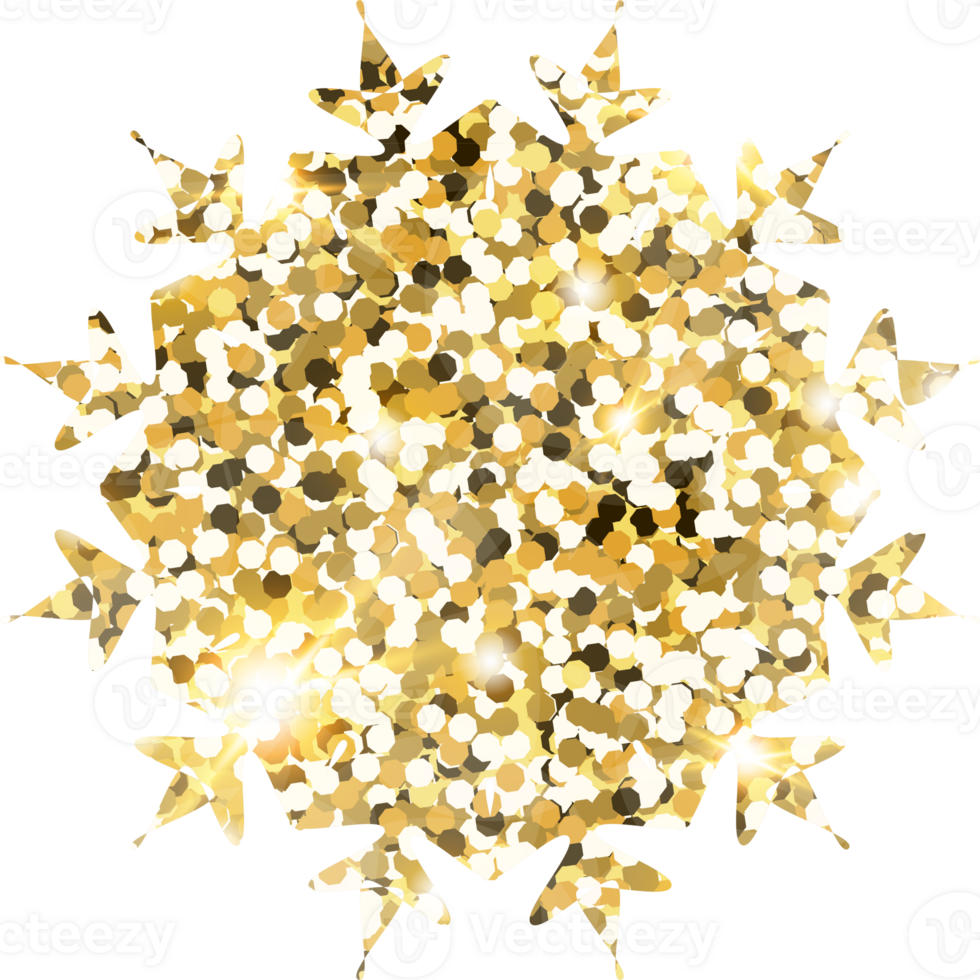 Snowflake shiny gold glitter shape design element. Golden color dust texture form for holiday decoration, flyer, poster, greeting card, background, wallpaper. Shiny paint form Birthday illustration. png
