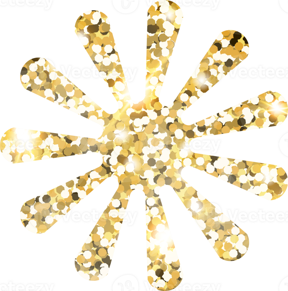 Flower shiny gold glitter shape design element. Golden color dust texture daisy for holiday decoration, flyer, poster, greeting card, background, wallpaper. Shiny paint form Birthday illustration. png