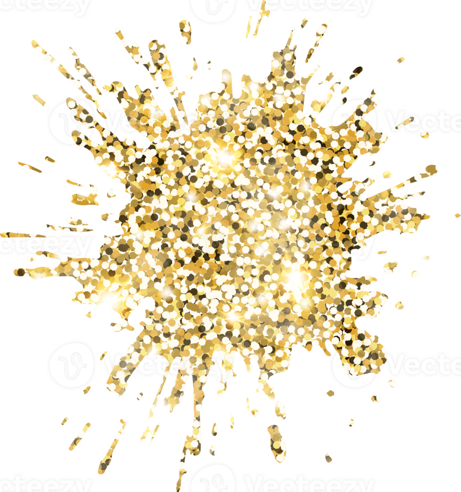 Abstract shiny gold glitter splash design element. Golden color dust texture stain for holiday decoration, flyer, poster, greeting card, background, wallpaper. Shiny paint stroke fashion illustration. png