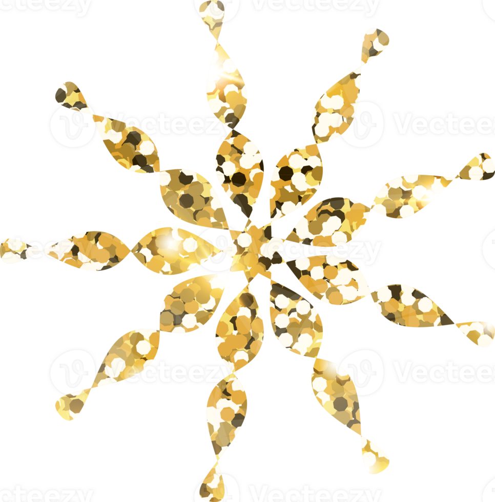 Snowflake shiny gold glitter shape design element. Golden color dust texture form for holiday decoration, flyer, poster, greeting card, background, wallpaper. Shiny paint form Birthday illustration. png