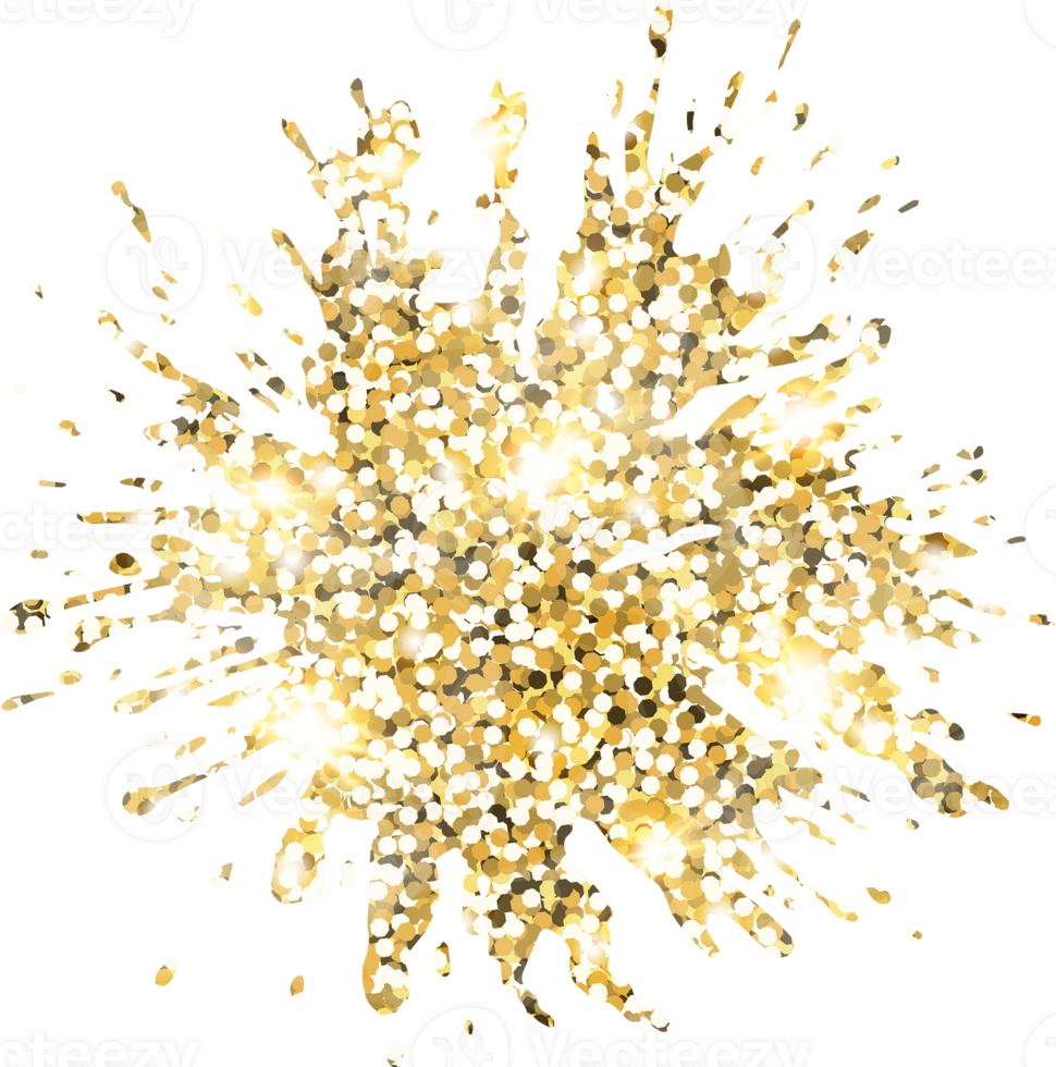 Abstract shiny gold glitter splash design element. Golden color dust texture stain for holiday decoration, flyer, poster, greeting card, background, wallpaper. Shiny paint stroke fashion illustration. png