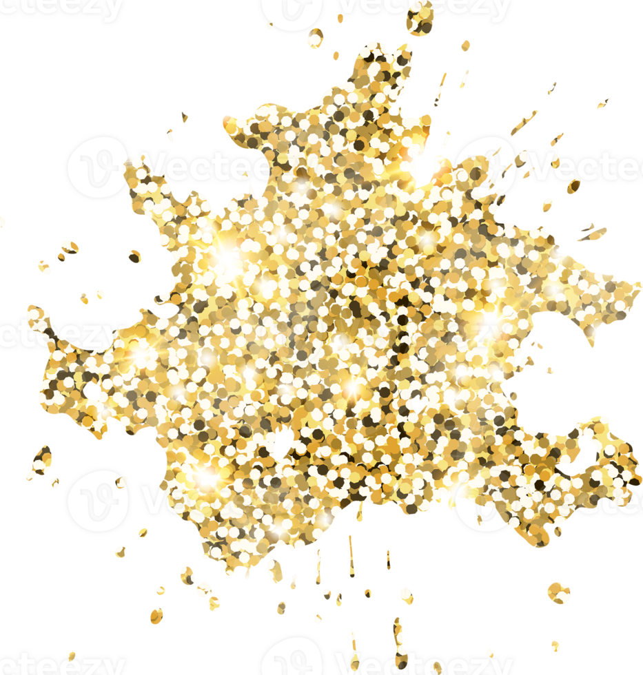 Abstract shiny gold glitter splash design element. Golden color dust texture stain for holiday decoration, flyer, poster, greeting card, background, wallpaper. Shiny paint stroke fashion illustration. png