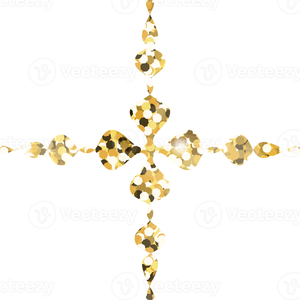 Snowflake shiny gold glitter shape design element. Golden color dust texture form for holiday decoration, flyer, poster, greeting card, background, wallpaper. Shiny paint form Birthday illustration. png