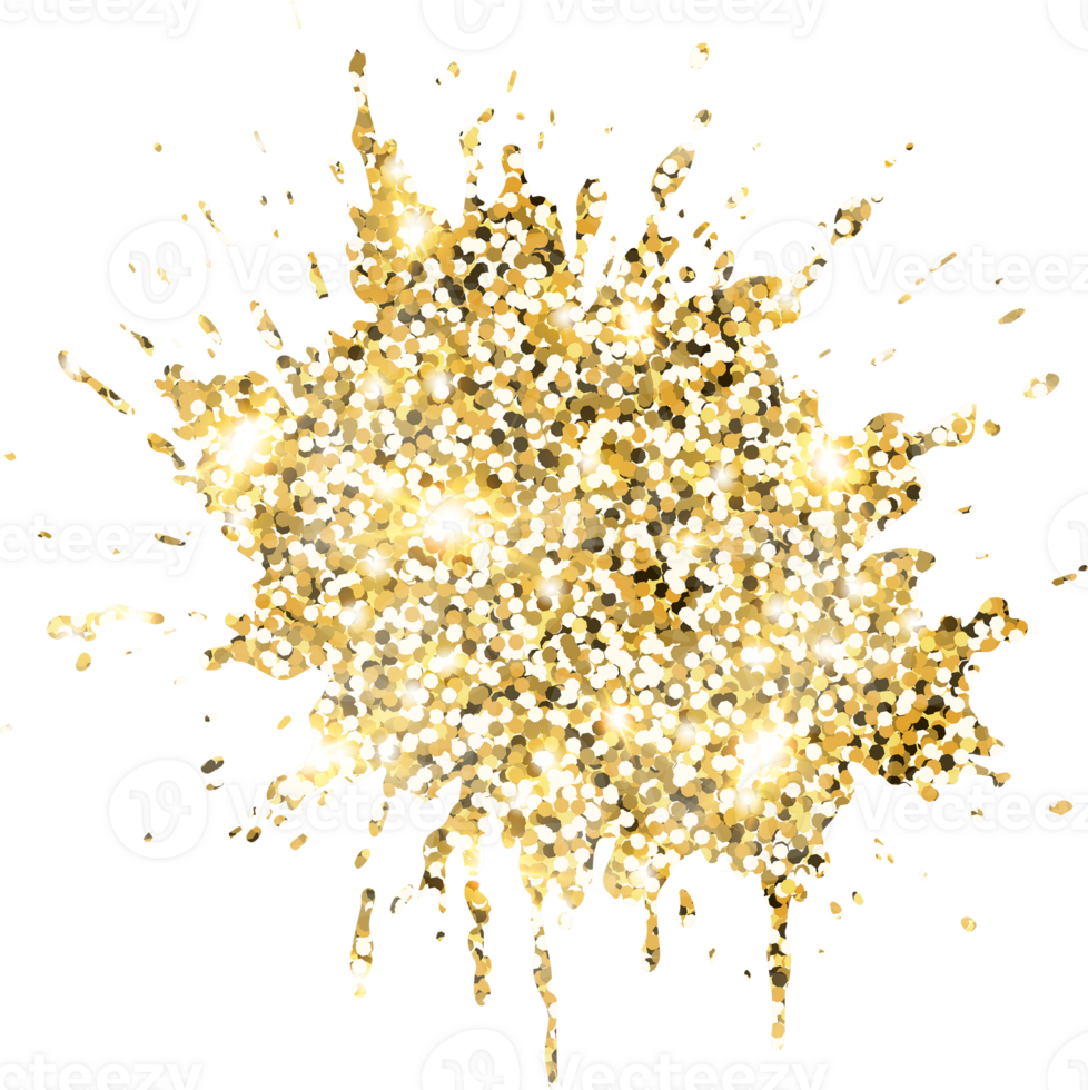 Abstract shiny gold glitter splash design element. Golden color dust texture stain for holiday decoration, flyer, poster, greeting card, background, wallpaper. Shiny paint stroke fashion illustration. png