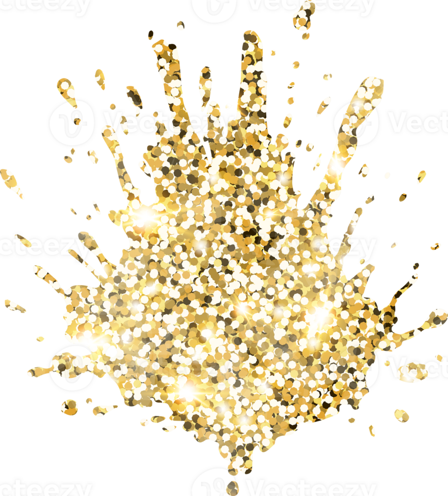 Abstract shiny gold glitter splash design element. Golden color dust texture stain for holiday decoration, flyer, poster, greeting card, background, wallpaper. Shiny paint stroke fashion illustration. png