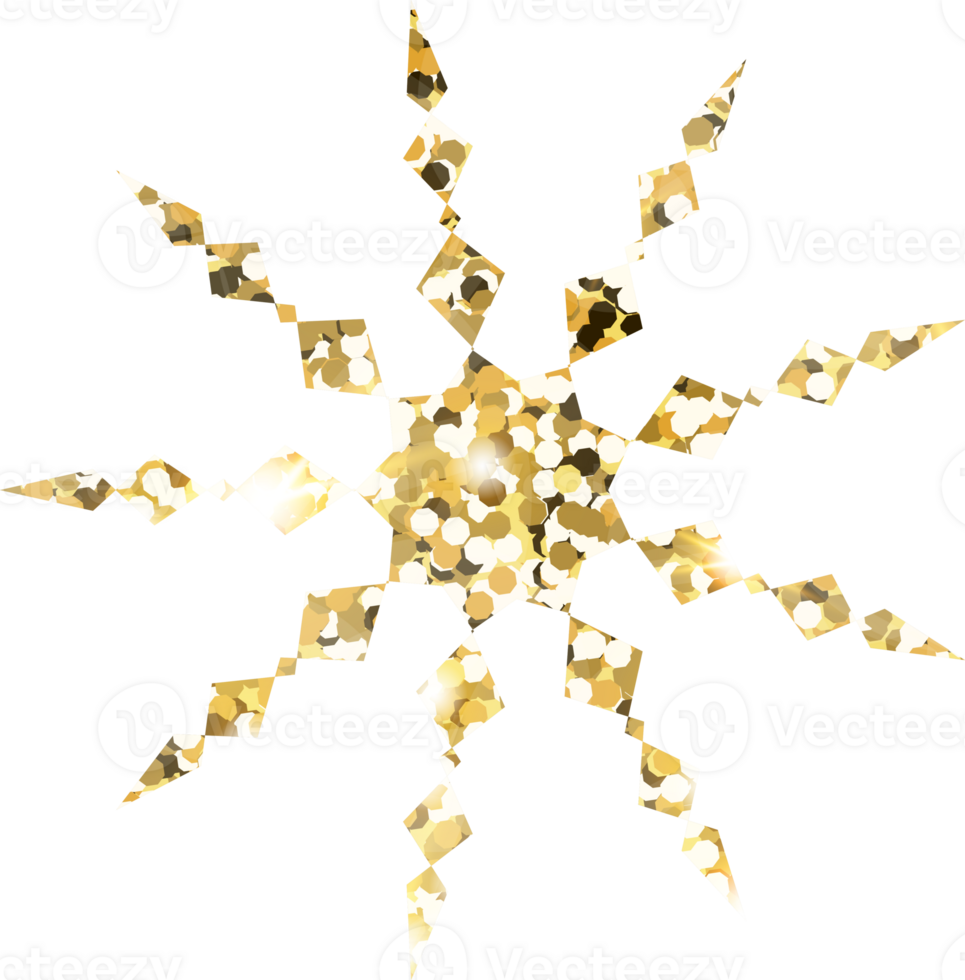 Snowflake shiny gold glitter shape design element. Golden color dust texture form for holiday decoration, flyer, poster, greeting card, background, wallpaper. Shiny paint form Birthday illustration. png