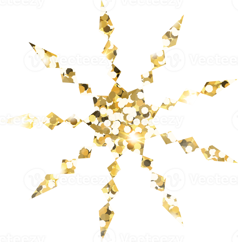 Snowflake shiny gold glitter shape design element. Golden color dust texture form for holiday decoration, flyer, poster, greeting card, background, wallpaper. Shiny paint form Birthday illustration. png