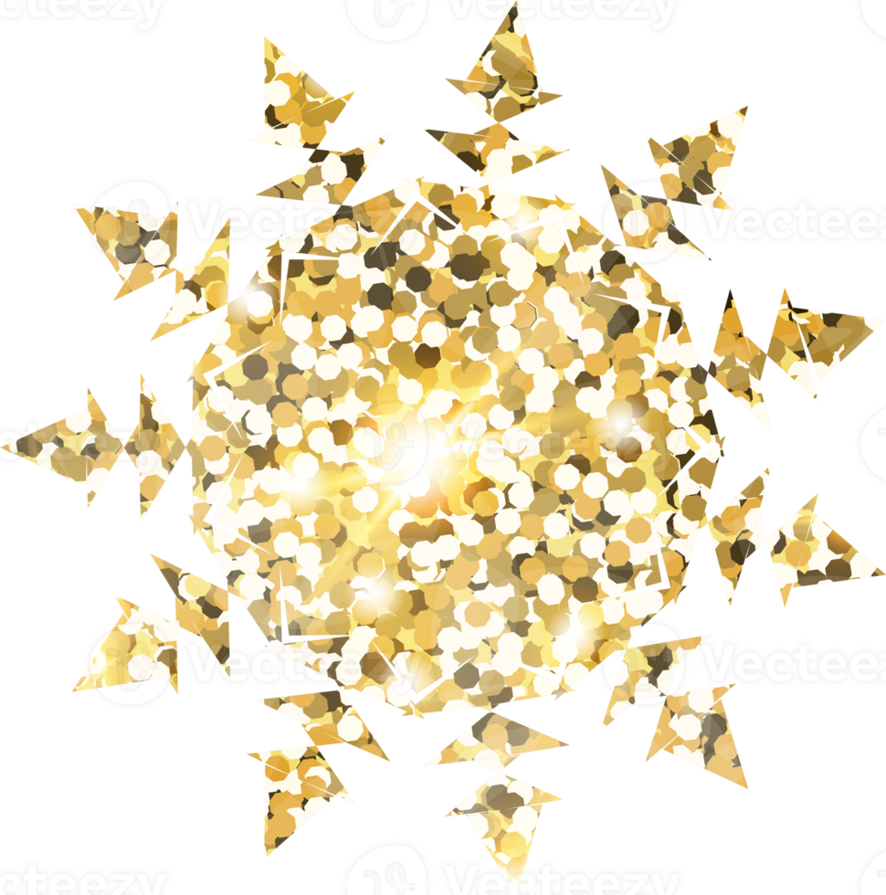 Snowflake shiny gold glitter shape design element. Golden color dust texture form for holiday decoration, flyer, poster, greeting card, background, wallpaper. Shiny paint form Birthday illustration. png