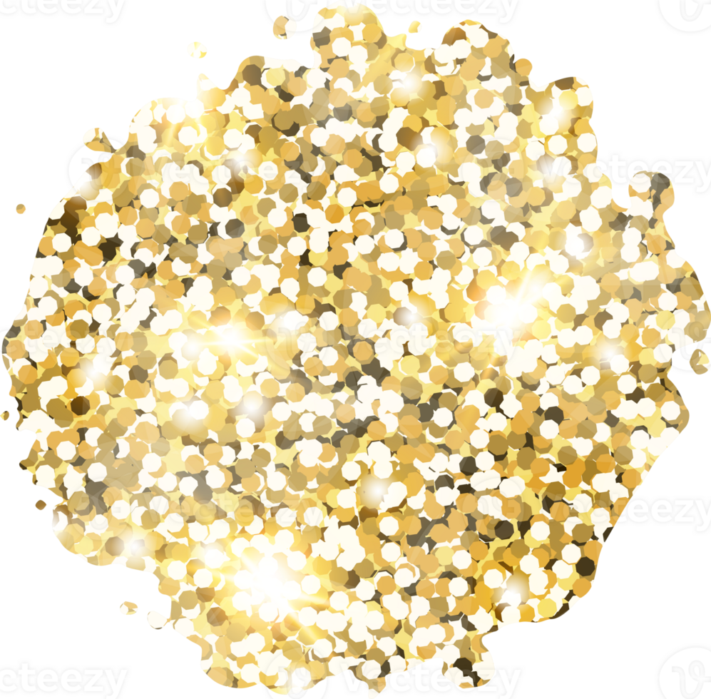 Abstract shiny gold glitter stain design element. Golden color dust texture spot for holiday decoration, flyer, poster, greeting card, background, wallpaper. Shiny paint stroke fashion illustration. png