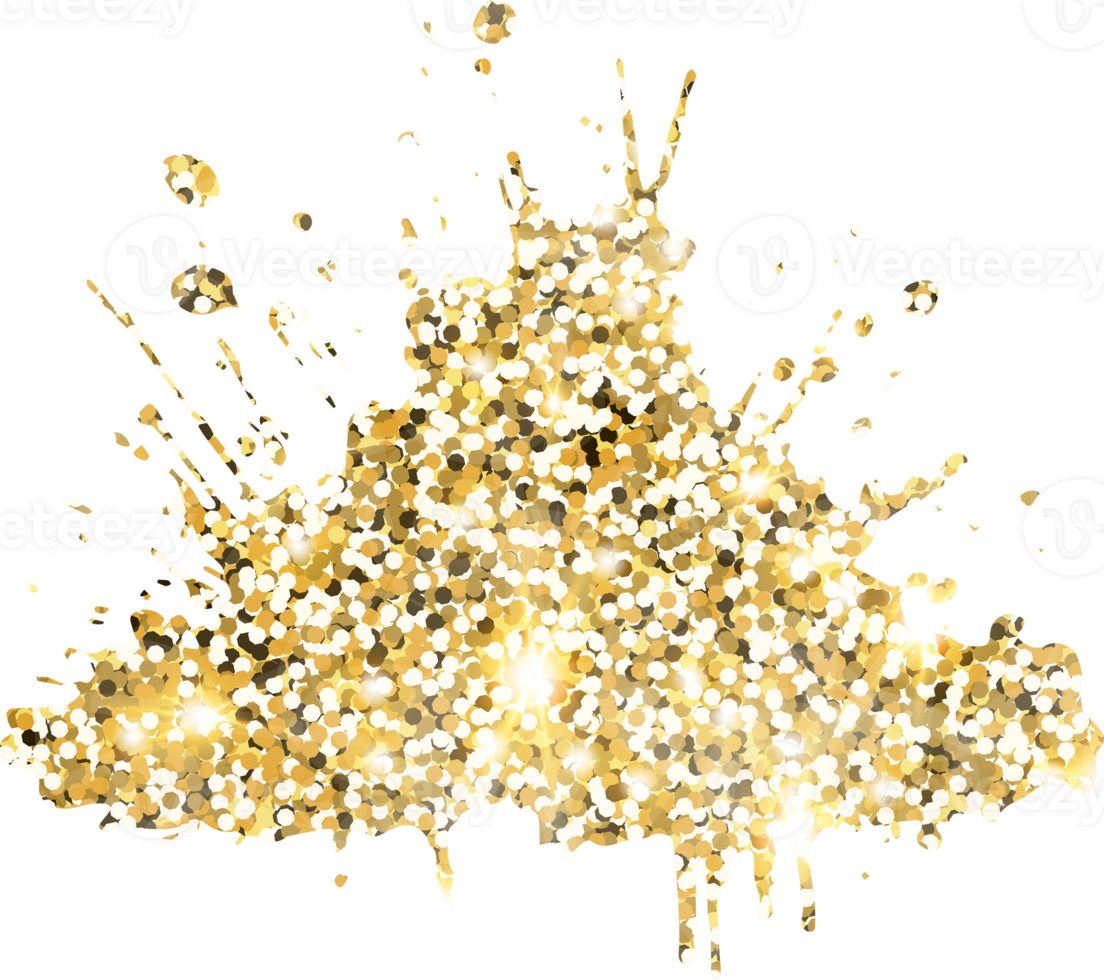 Abstract shiny gold glitter splash design element. Golden color dust texture stain for holiday decoration, flyer, poster, greeting card, background, wallpaper. Shiny paint stroke fashion illustration. png