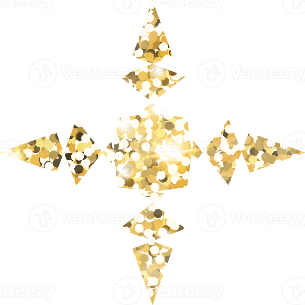 Snowflake shiny gold glitter shape design element. Golden color dust texture form for holiday decoration, flyer, poster, greeting card, background, wallpaper. Shiny paint form Birthday illustration. png