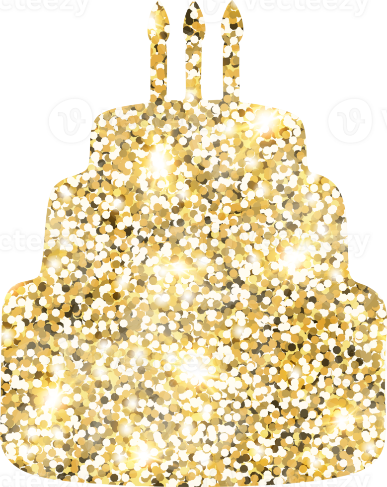 Cake shiny gold glitter shape design element. Golden color dust texture form for holiday decoration, flyer, poster, greeting card, background, wallpaper. Shiny paint form Birthday illustration. png