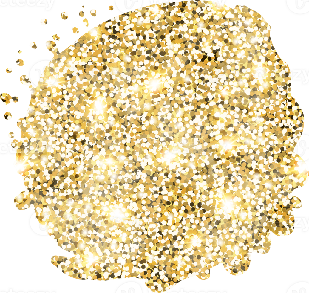 Abstract shiny gold glitter stain design element. Golden color dust texture spot for holiday decoration, flyer, poster, greeting card, background, wallpaper. Shiny paint stroke fashion illustration. png