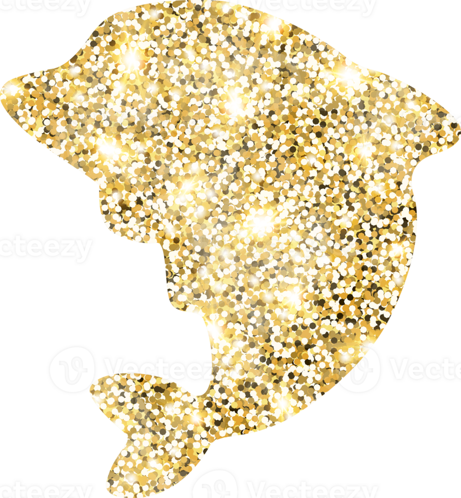 Dolphin shiny gold glitter shape design element. Golden color dust texture form for holiday decoration, flyer, poster, greeting card, background, wallpaper. Shiny paint form Birthday illustration. png